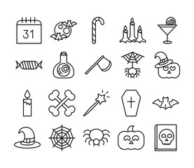 happy halloween, trick or treat party celebration calendar candy candles bones coffin spider web linear icons set