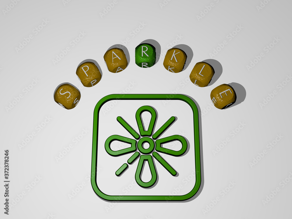 Poster sparkle icon surrounded by the text of individual letters, 3d illustration for background and abstra