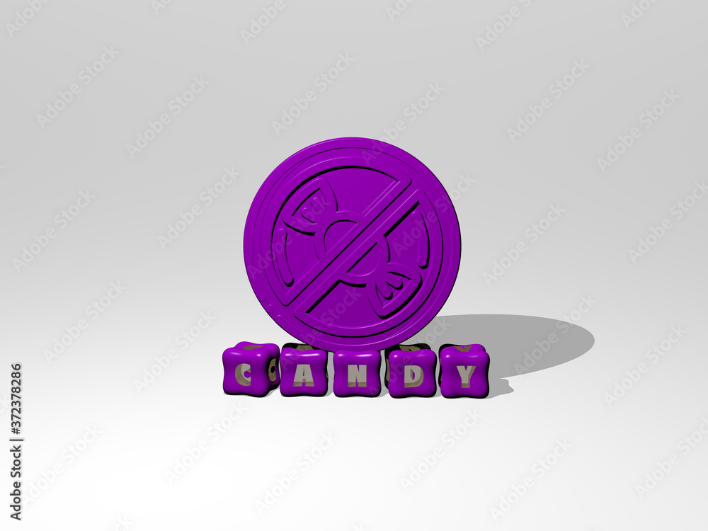 Poster candy 3d icon object on text of cubic letters, 3d illustration for background and chocolate
