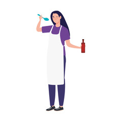 woman cooking using apron with spoon and bottle wine, in white background vector illustration design