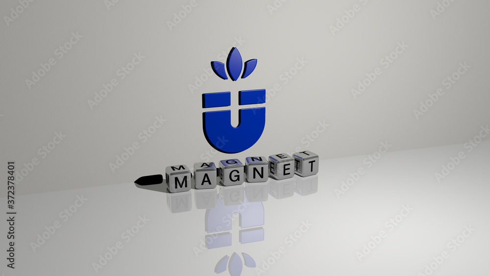 Poster magnet text of cubic dice letters on the floor and 3d icon on the wall, 3d illustration for backgrou