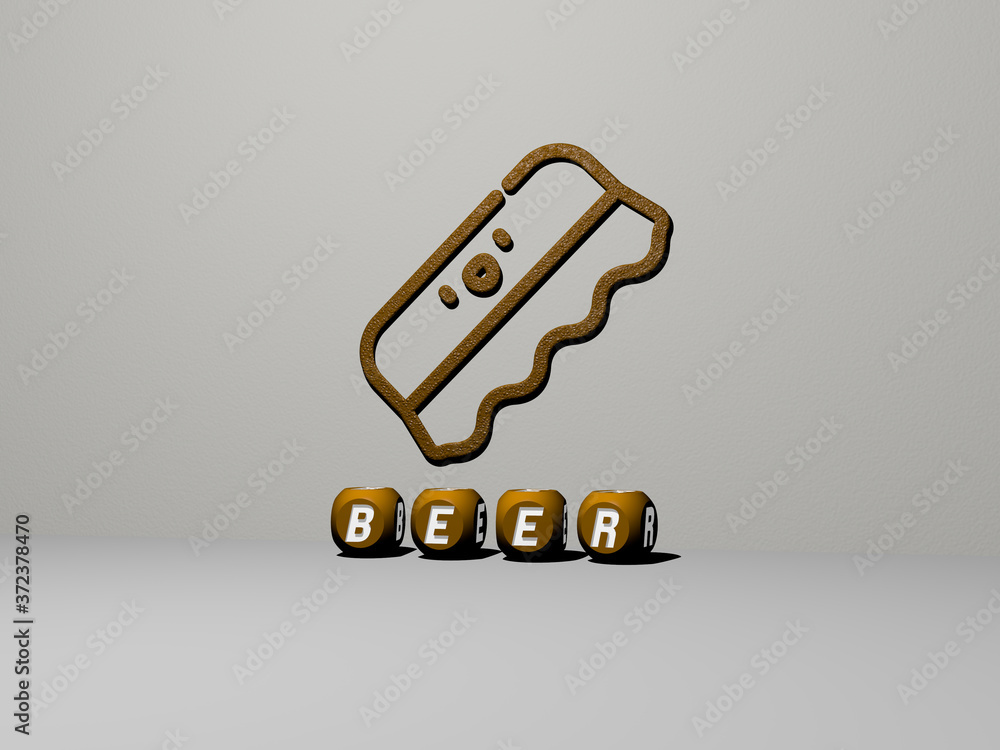 Aufkleber 3d representation of beer with icon on the wall and text arranged by metallic cubic letters on a mir