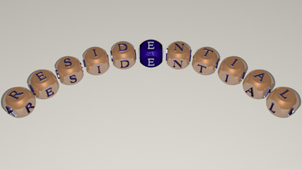 RESIDENTIAL curved text of cubic dice letters, 3D illustration for building and architecture