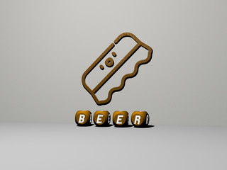 3D representation of BEER with icon on the wall and text arranged by metallic cubic letters on a mirror floor for concept meaning and slideshow presentation for illustration and alcohol