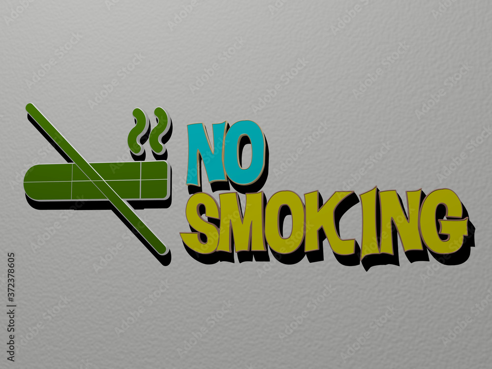 Poster 3d representation of no smoking with icon on the wall and text arranged by metallic cubic letters on