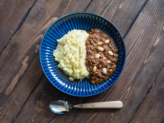 スパイスの効いたラム肉と大豆のラムキーマカレー。