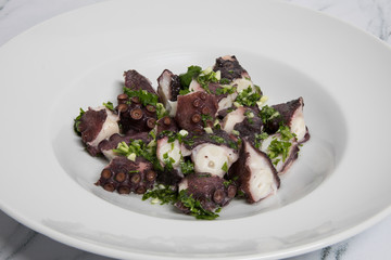 Gourmet food. Mediterranean flavor. Closeup view of an octopus dish with Provencal condiment, made with garlic and parsley.