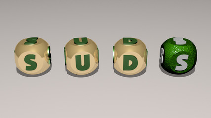 SUDS text of cubic individual letters, 3D illustration for soap and foam