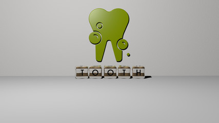 TOOTH 3D icon on the wall and cubic letters on the floor, 3D illustration for dental and care