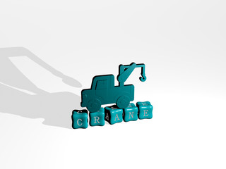 CRANE 3D icon object on text of cubic letters, 3D illustration for construction and building