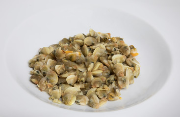 Cuisine and  healthy nutrition. Seafood. Closeup view of raw sea cockles on a white bowl. 