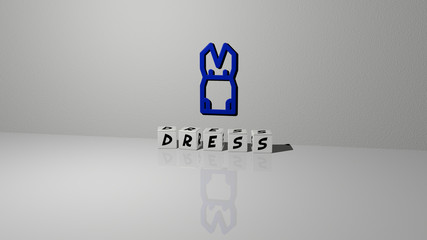 dress text of cubic dice letters on the floor and 3D icon on the wall, 3D illustration for beautiful and girl