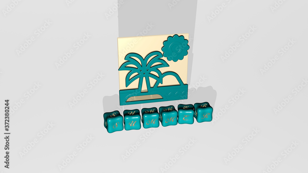Poster 3d representation of summer with icon on the wall and text arranged by metallic cubic letters on a m