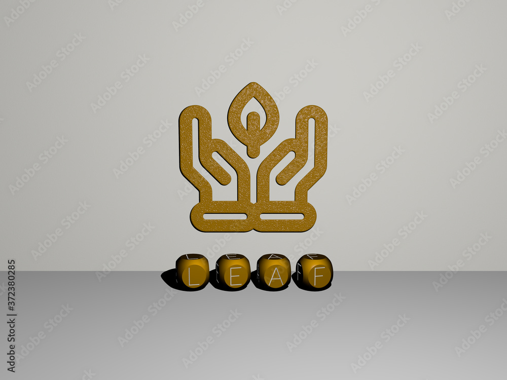 Poster 3d representation of leaf with icon on the wall and text arranged by metallic cubic letters on a mir