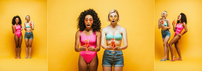 collage of excited multicultural women in summer outfit holding cocktail glasses on yellow, horizontal image