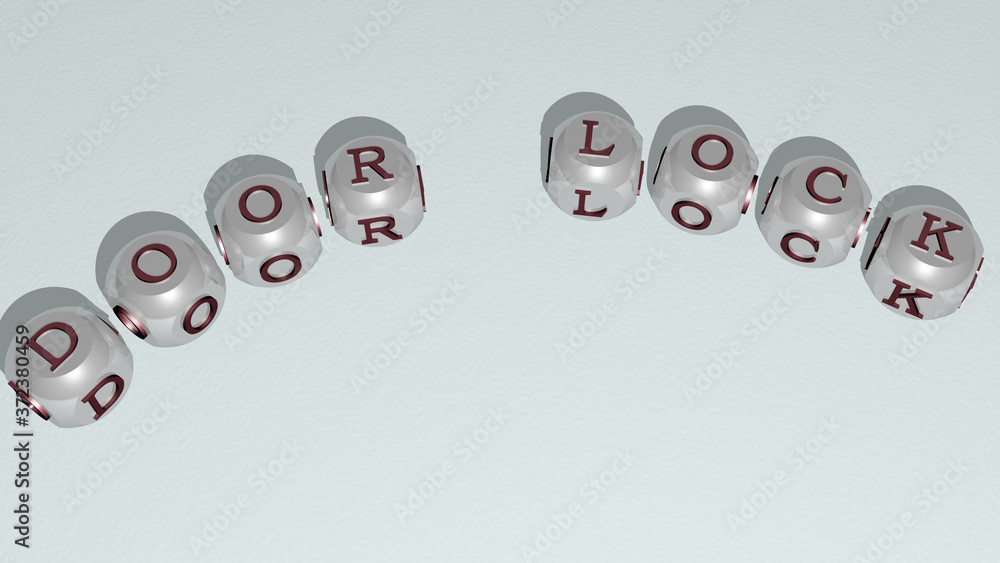 Poster door lock text of dice letters with curvature, 3d illustration for architecture and building
