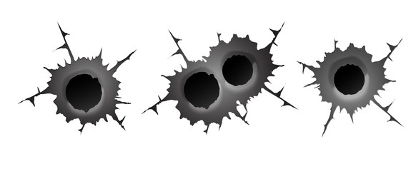 Bullet hole on white background. Realisic metal single and double bullet hole, damage effect. Vector illustration.