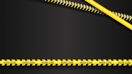 Police tape, crime danger line. Caution police lines isolated. Warning tapes. Set of yellow warning ribbons. Vector illustration on white background.Work zone.