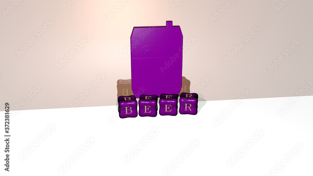 Aufkleber 3d representation of beer with icon on the wall and text arranged by metallic cubic letters on a mir