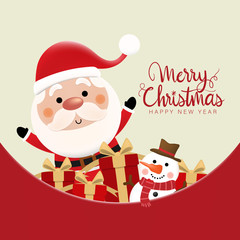 Merry Christmas and happy new year 2021 greeting card with cute Santa Claus, deer and snowman. Holiday cartoon character in winter season. -Vector.