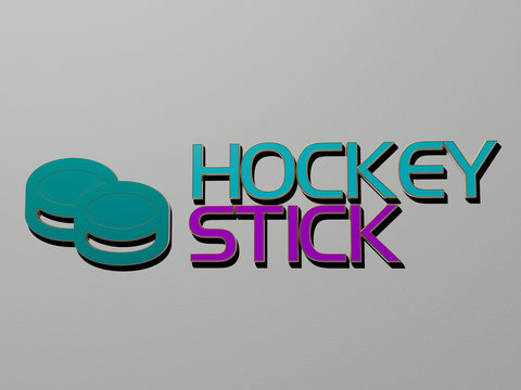 3D graphical image of hockey stick vertically along with text built by metallic cubic letters from the top perspective, excellent for the concept presentation and slideshows for illustration and ice