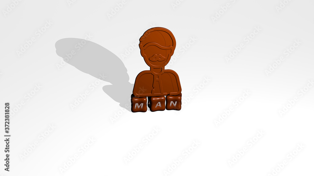 Poster man 3d icon object on text of cubic letters, 3d illustration
