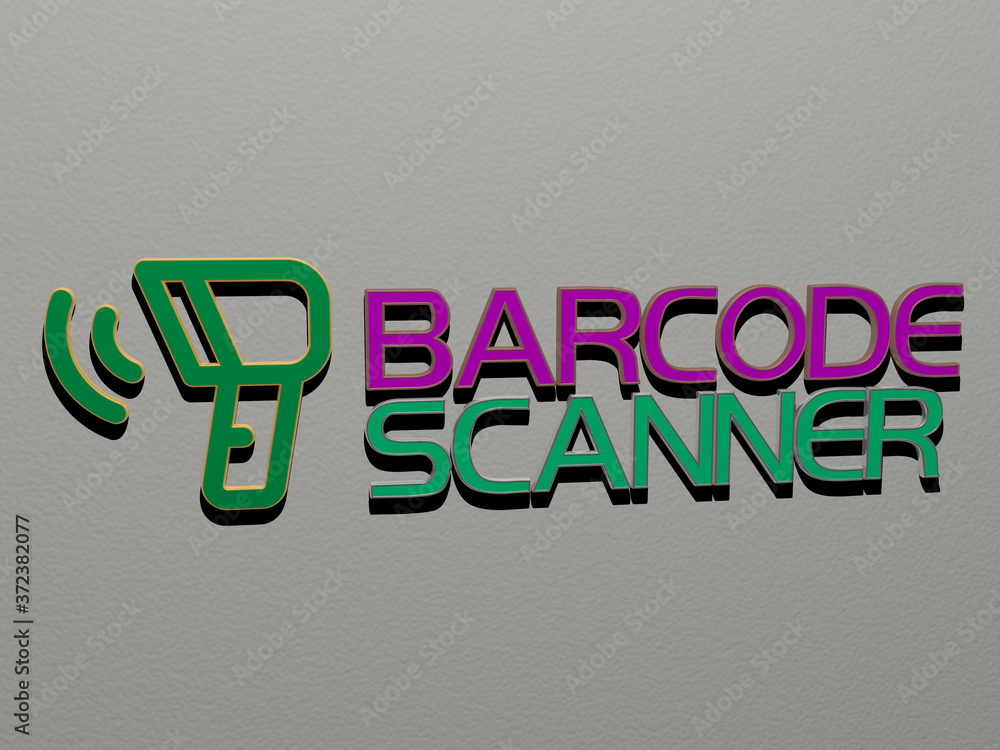 Poster 3d graphical image of barcode scanner vertically along with text built by metallic cubic letters fro