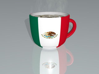 MEXICO placed on a cup of hot coffee mirrored on the floor in a 3D illustration with realistic perspective and shadows