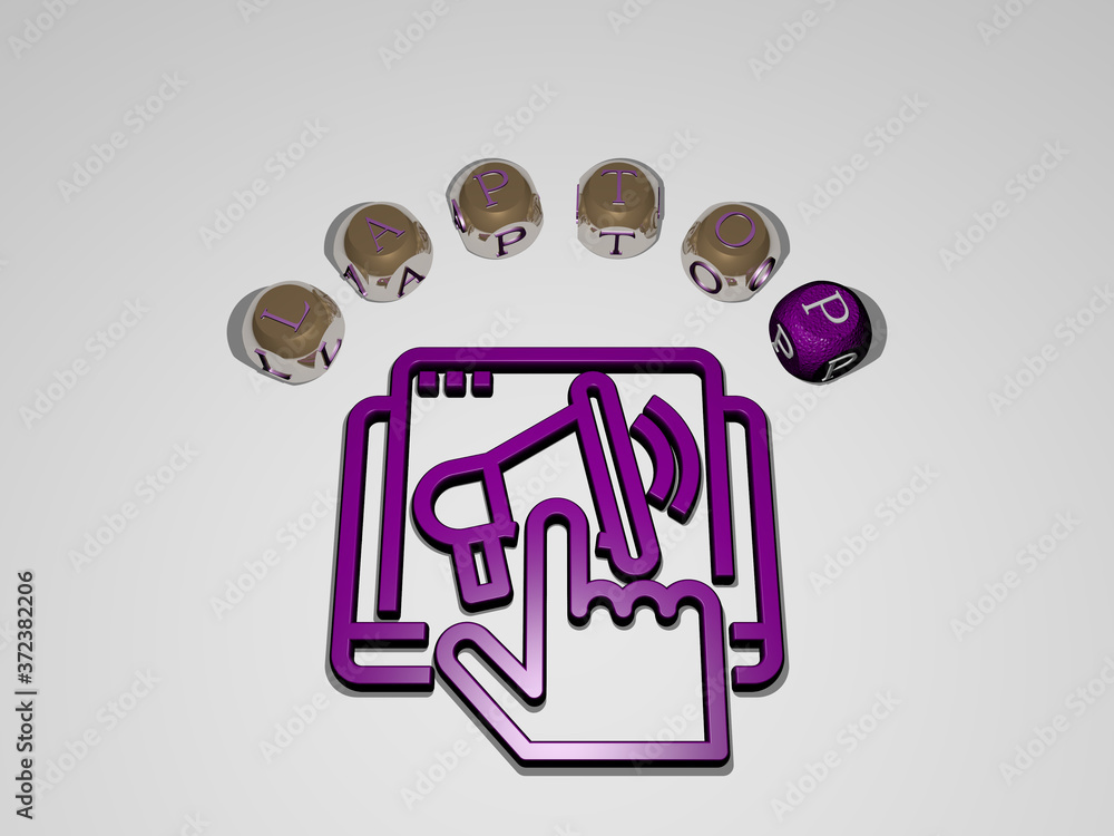 Poster laptop circular text of separate letters around the 3d icon, 3d illustration for computer and busine