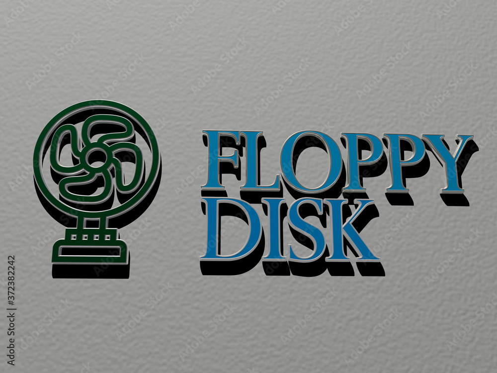 Poster 3d representation of floppy disk with icon on the wall and text arranged by metallic cubic letters o