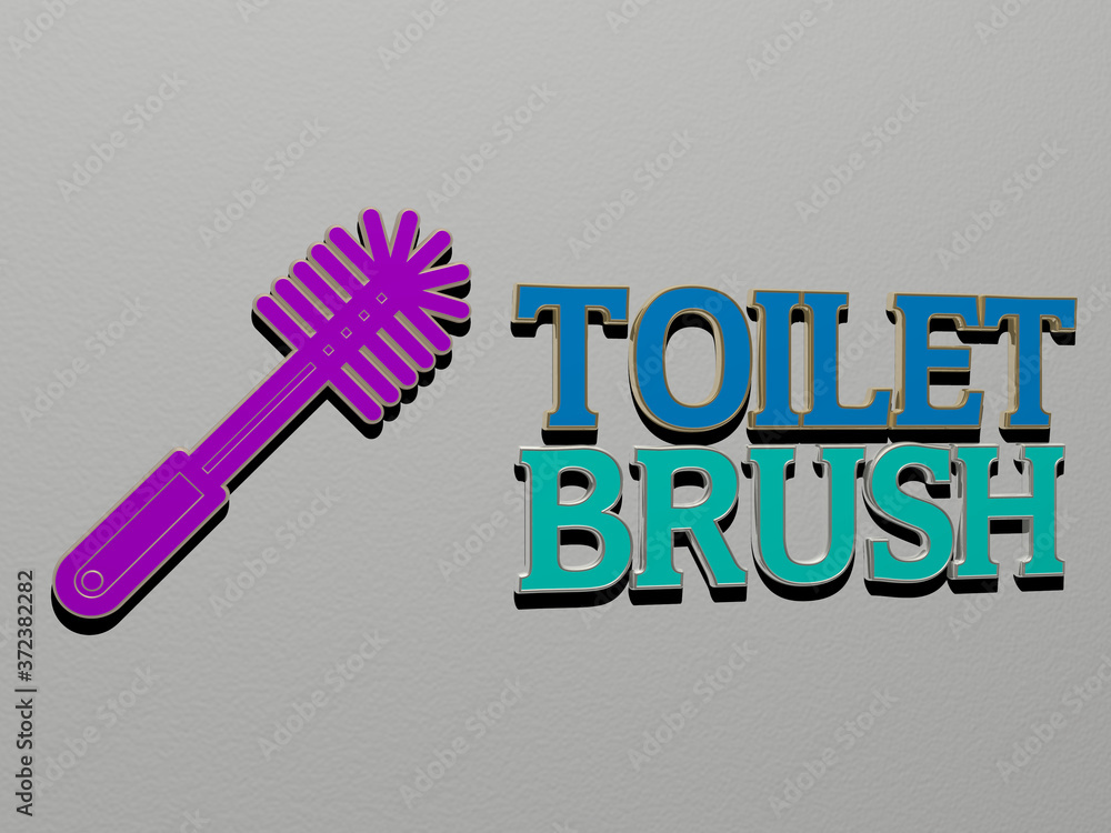 Poster 3d representation of toilet brush with icon on the wall and text arranged by metallic cubic letters 