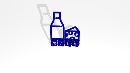 milk 3D icon object on text of cubic letters, 3D illustration for background and food