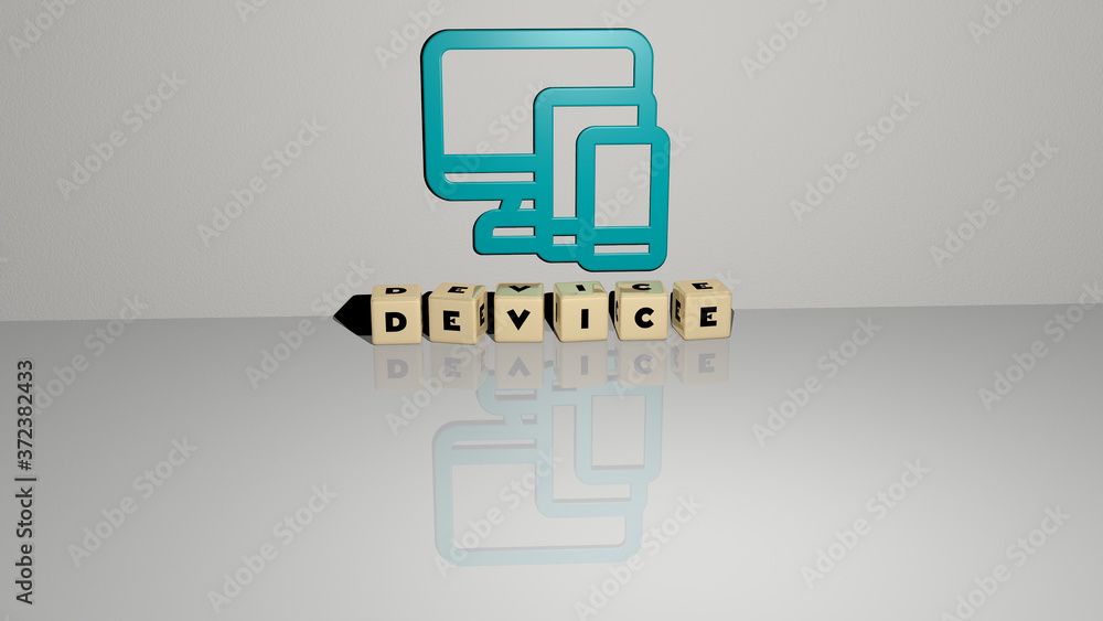 Poster device text of cubic dice letters on the floor and 3d icon on the wall, 3d illustration for backgrou