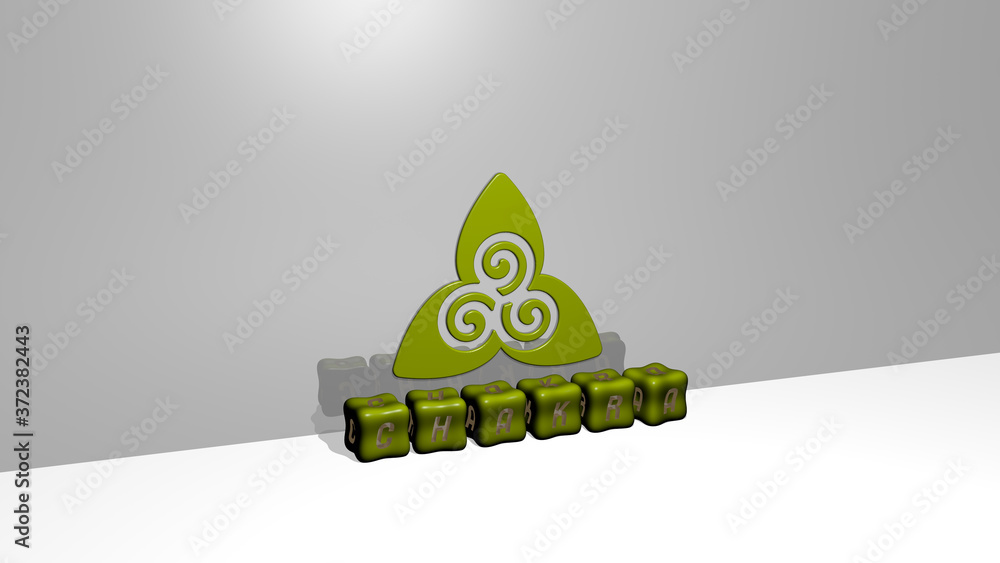 Poster 3d graphical image of chakra vertically along with text built by metallic cubic letters from the top