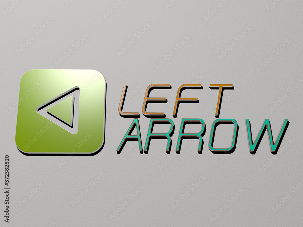 Poster 3d representation of left arrow with icon on the wall and text arranged by metallic cubic letters on