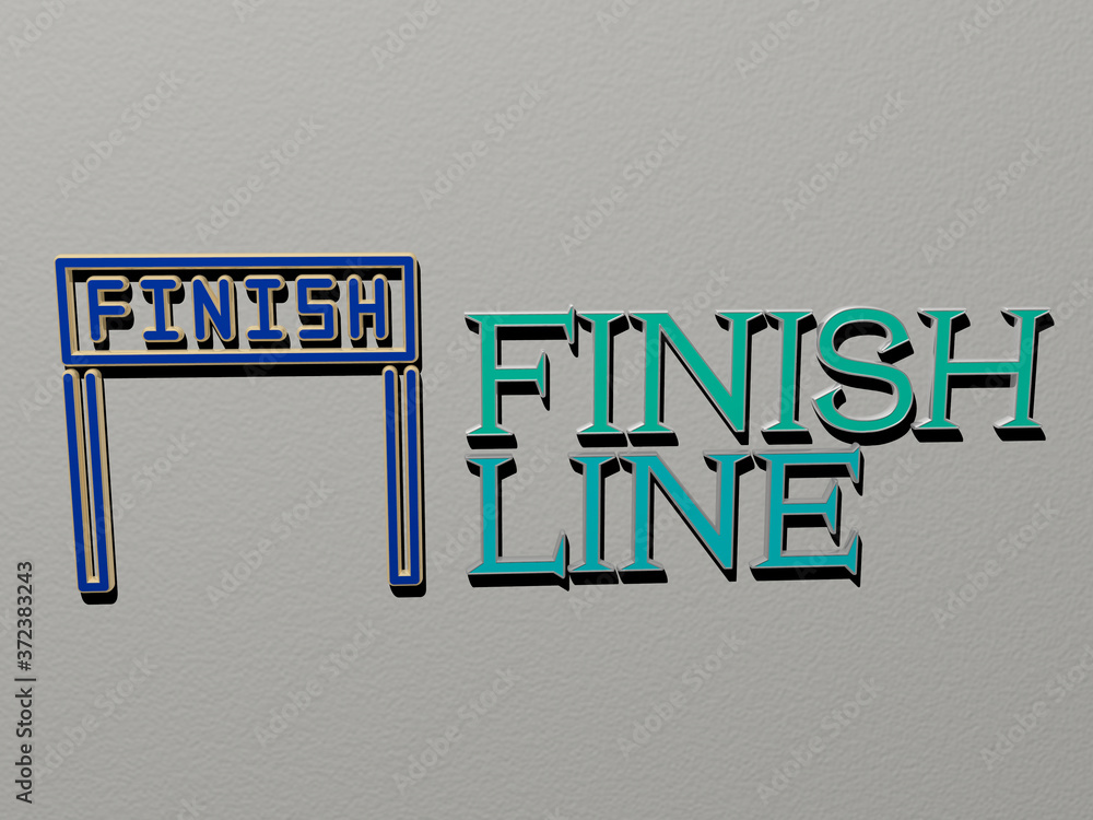 Poster 3d graphical image of finish line vertically along with text built by metallic cubic letters from th