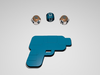 gun circular text of separate letters around the 3D icon, 3D illustration for background and army