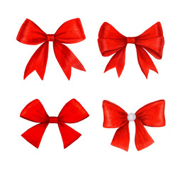 Vintage red bow collection realistic watercolor illustration on a white background