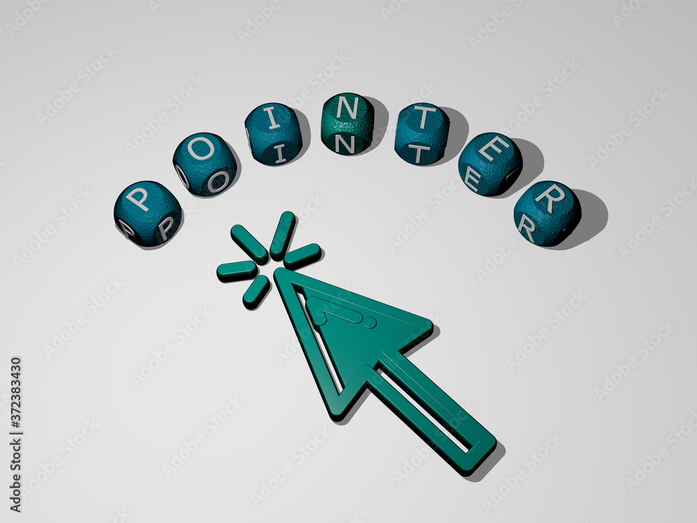 Poster pointer icon surrounded by the text of individual letters, 3d illustration for arrow and map