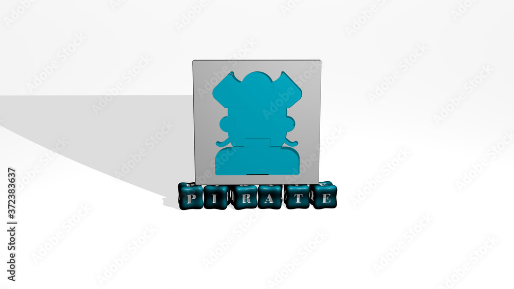 Poster 3d illustration of pirate graphics and text made by metallic dice letters for the related meanings o