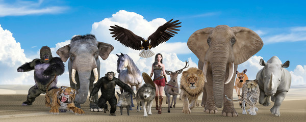 ゴリラやアジアゾウ、トラ、チンパンジー、イノシシ、馬、鷹、狼、鹿、ライオン、アフリカゾウ、カンガルー、チーター、サイと共に歩く勇敢な自然界の女性戦士