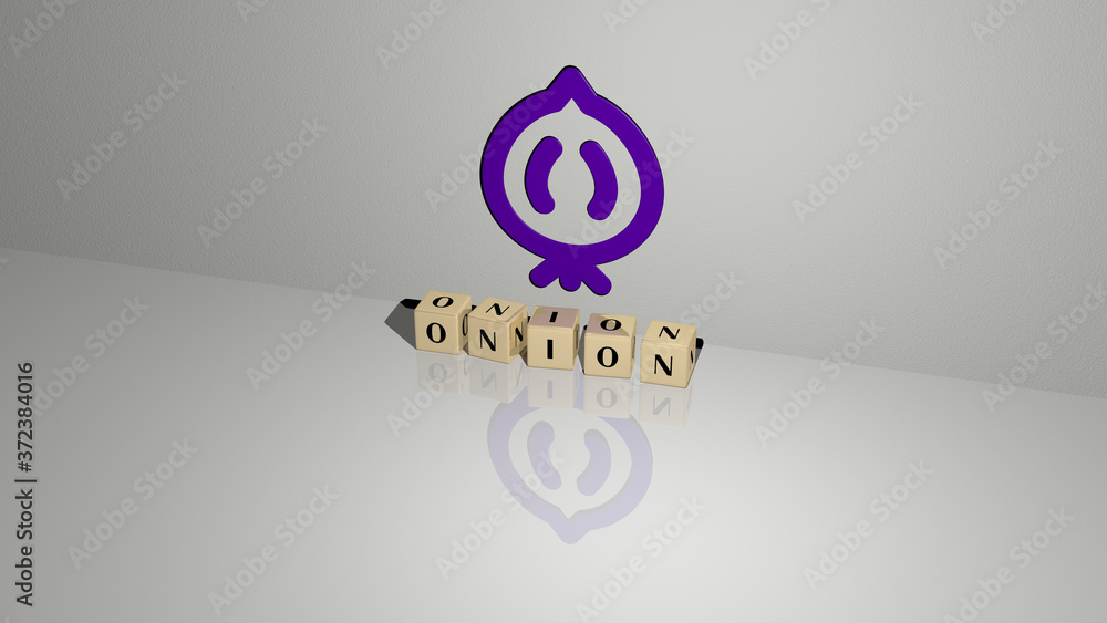 Poster onion text of cubic dice letters on the floor and 3d icon on the wall, 3d illustration for backgroun
