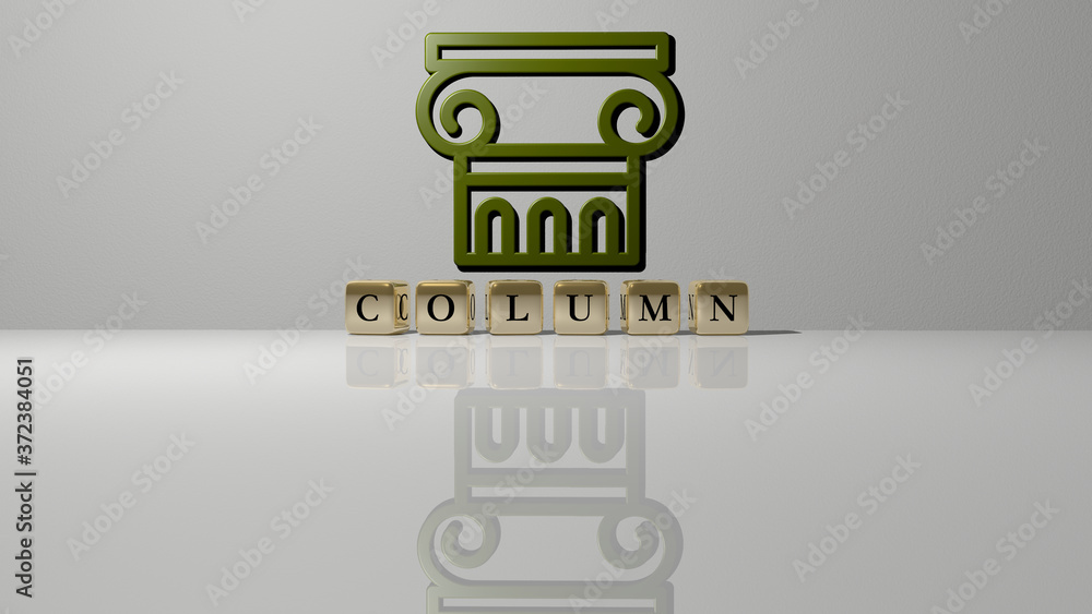 Poster column text of cubic dice letters on the floor and 3d icon on the wall, 3d illustration for architec