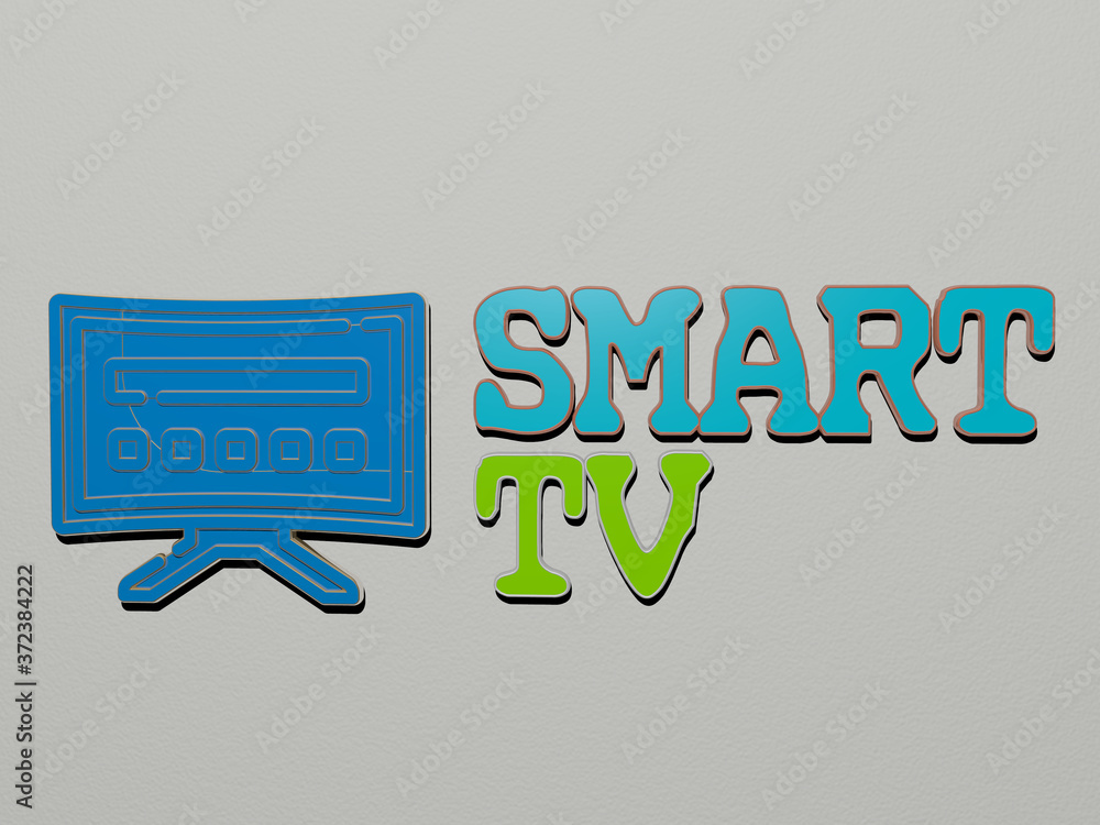 Poster 3d representation of smart tv with icon on the wall and text arranged by metallic cubic letters on a