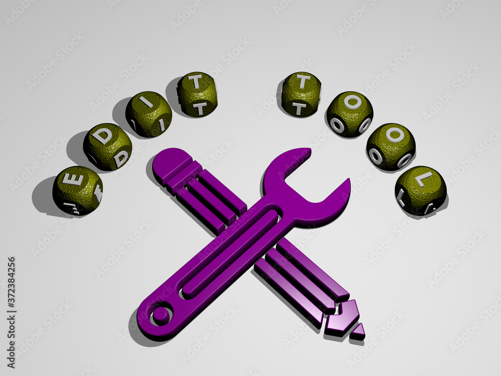 Poster edit tool icon surrounded by the text of individual letters, 3d illustration for easily and isolated