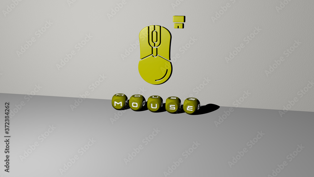 Poster mouse 3d icon on the wall and text of cubic alphabets on the floor, 3d illustration for background a