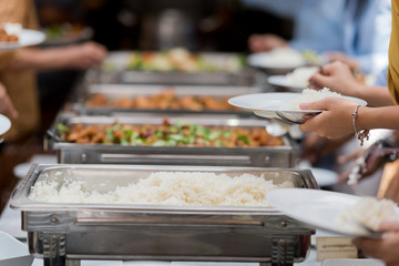 buffet food, catering food party at restaurant, mini canapes, snacks and appetizers
