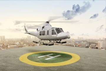 The helicopter takes off from the helipad