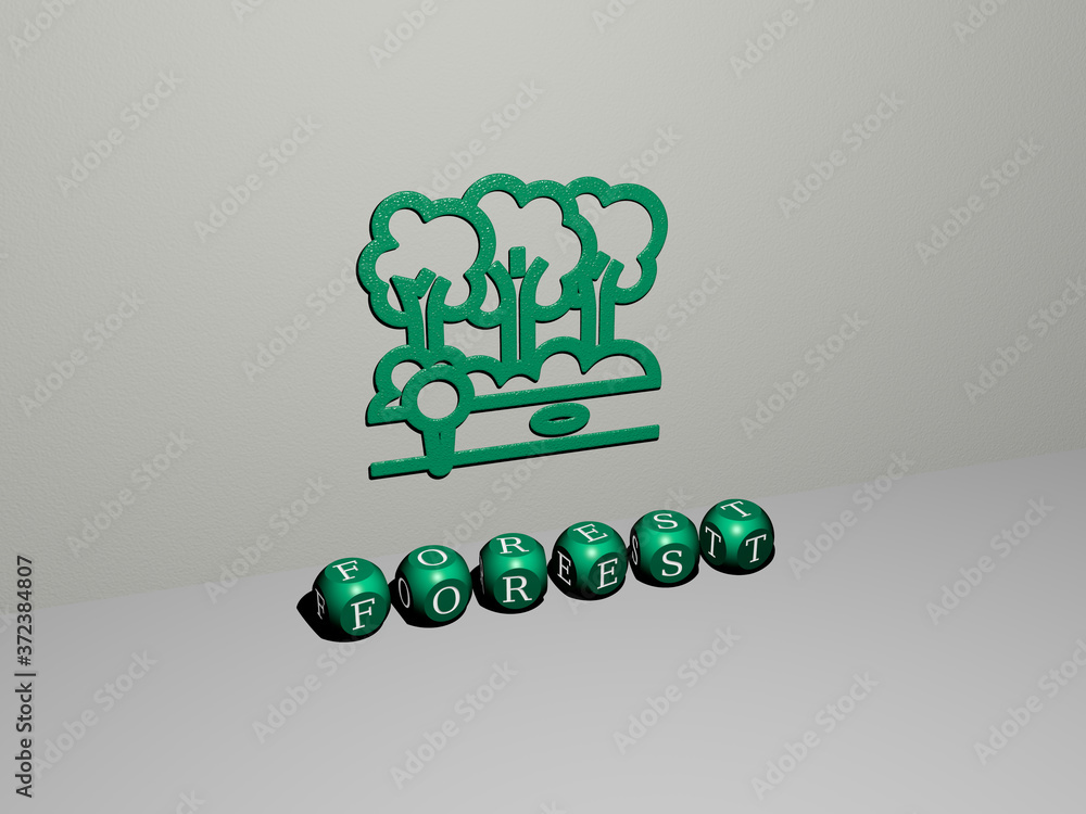 Aufkleber 3d illustration of forest graphics and text made by metallic dice letters for the related meanings o