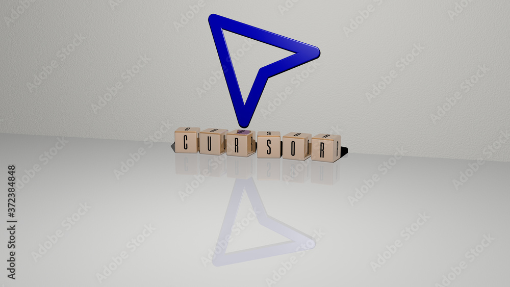 Poster cursor text of cubic dice letters on the floor and 3d icon on the wall, 3d illustration for arrow an